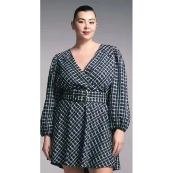 Tanya Taylor Nicola Plaid Check Long Sleeve Belted Navy Marbl Dress Size 12 NWT‎ - Picture 1 of 12